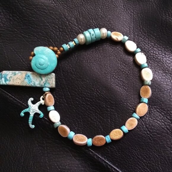 Coastal Cowgirl! Sea Sediment Jasper + Starfish + Shell Beaded Loop Bracelet - Picture 2 of 11